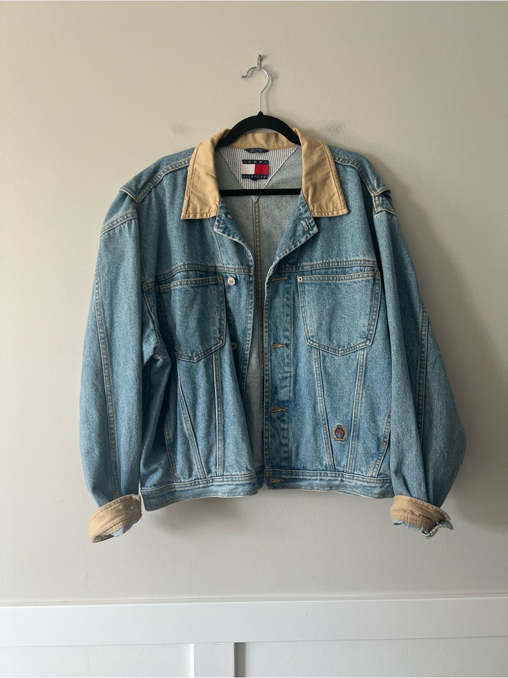 Vintage Tommy Hilfiger Denim Jacket Men’s L/G Blue Tan Collar 90s Flag Logo